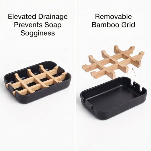 Bamboo Fiber Soap Holder and Soap Dish Combination, Removable Drainage Rack Bar Soap Tray for Bathroom Sink Deck, Bathtub, Shower & Kitchen (Black, 1 Pack) - Image 4