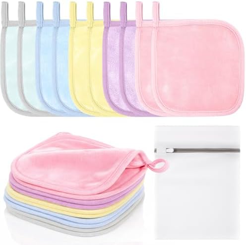 VitalCozy 10 Pack Makeup Remover Cloths, Makeup Remover Towels Reusable Face Cloth Eraser for Washing Face Microfiber Washcloth for Women Cleansing Just Water with Mesh Bag (Pastel Colors) by VitalCozy