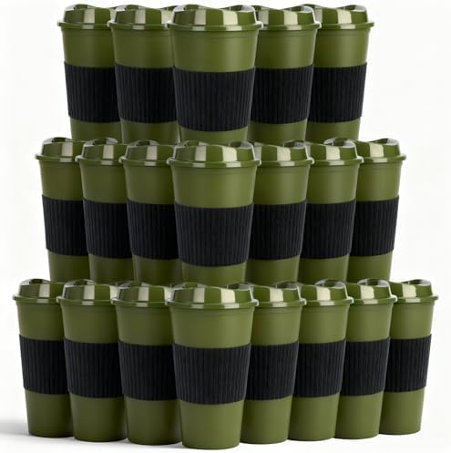 20 Pack Reusable Coffee Cups with Lids 16 oz Plastic Tumblers Travel Mug Iced Coffee Cup for Adults and Women Hot and Cold Drinks, Microwaveable (green) by Alohastarttg