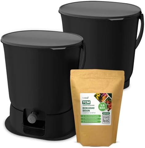 TeraGanix Bokashi Compost Starter Kit, Essential Set + Base, Indoor Composting, 2X 15.3L (4 gal) Bins, Collect & Ferment Waste, Airtight, No Pests or Odors, Bokashi Rice Bran Included, (Black) by Teraganix