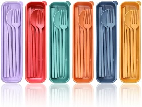 DISSKNIC Reusable Utensils Set with Case, 6 Sets Travel Utensils with Case, Wheat Straw Portable Cutlery Set Chopsticks Knives Fork and Spoon for Lunch Box Accessories by DISSKNIC