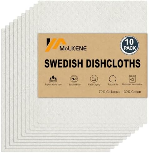 MoLKENE Swedish Dishcloths for Kitchen, 10 Pack Cellulose Sponge Cloths by MoLKENE
