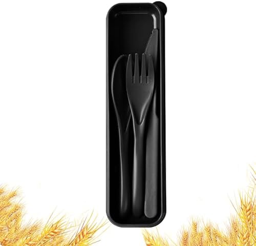 Travel Utensils with Case, Camping Utensil Sets, Wheat Straw Portable Knife Fork Spoons Tableware, Reusable Utensils for Lunch Box (Black) by HMDZMR