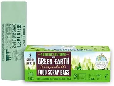 Green Earth Compostable Small Kitchen Food Scrap Trash Bags, Compost Bin Compatible, 3 Gallon, 11.35 Liter, 300-Count, Extra Thick 0.71 Mil, ASTM D6400, BPI (US) & OK Compost Home (EU) Certified by GreenEarthCompostable