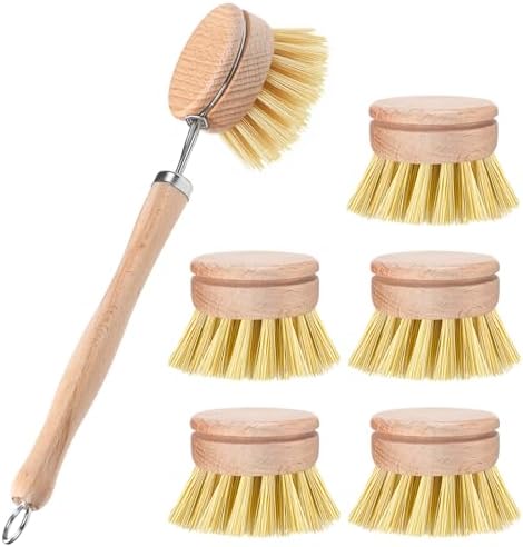 Boao 6 Pack Dish Brush with Beechwood Handle with Replacement Heads Natural Wood Dish Scrub Brush for Washing and Cleaning Pots and Pans by Boao