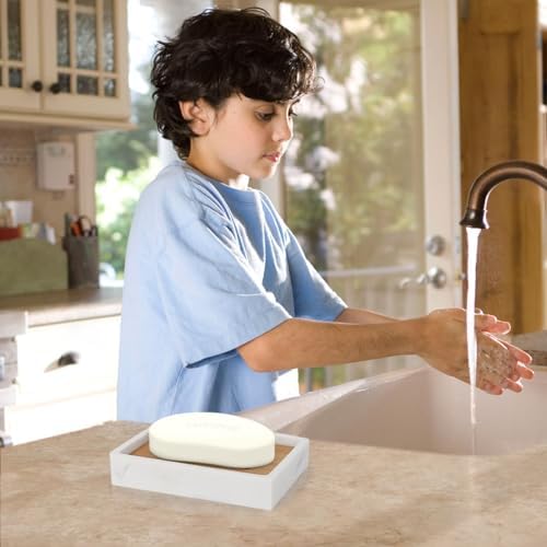 Luxspire Bamboo Soap Dish, Resin Holder with Drainage, Gravel White - Image 4