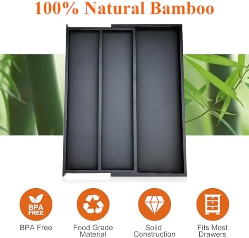 Expandable Black Bamboo Kitchen Utensils Drawer Organizer Silverware Tray - Image 7