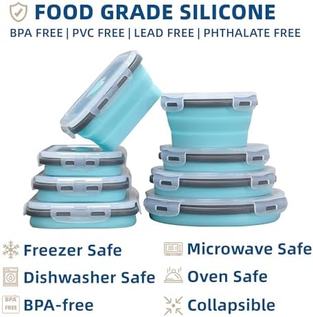 Lunememo 8 Pack Collapsible Silicone Food Storage Containers with Lids, Freezer & Dishwasher Safe, Foldable Lunch Box for Camper, Leftovers, Snacks, Meals - Image 3