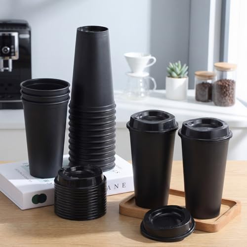 Honeydak 66 Pack 16 oz Reusable Coffee Cups with Lids Water Bottle Iced Coffee Travel Mug Portable Plastic Tea Tumblers Bulk for Hot and Cold Drinks Birthdays Party (Black,Classic) - Image 2