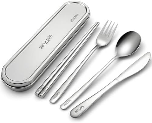 INKULEER Travel Cutlery Set - 18/8 Stainless Steel Reusable Utensils with Metal Case, Portable Silverware for Camping, Office, Travel & Outdoor Dining by inkuleer