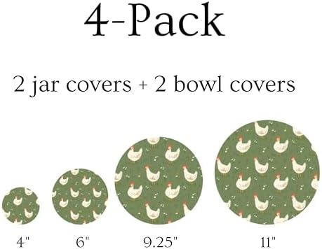 (4-Pack) Sourdough Reuseable Jar & Bowl Covers | Cute Baking Gift | 100% Cotton | Washable | Bread Proofing | Kitchen Food Storage Gifting | Starter Cover Lid Kit (Chickens) - Image 3