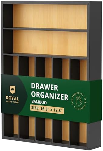 ROYAL CRAFT WOOD Luxury Bamboo Kitchen Drawer Organizer - Silverware Organizer - Utensil Holder and Cutlery Tray with Grooved Drawer Dividers for Flatware and Kitchen Utensils (7 Slot) by ROYALCRAFTWOOD