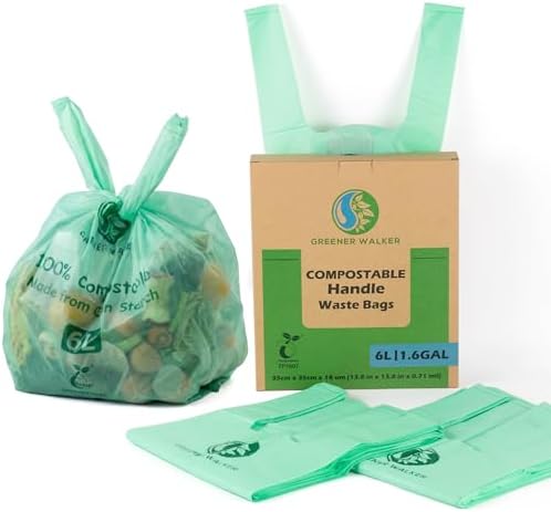 GREENER WALKER 100% Compostable Trash Bags with Tie Handles, 1.6 Gallon-150Bags, Food Scrap Kitchen Waste Bags with EN13432 Certified by GREENERWALKER