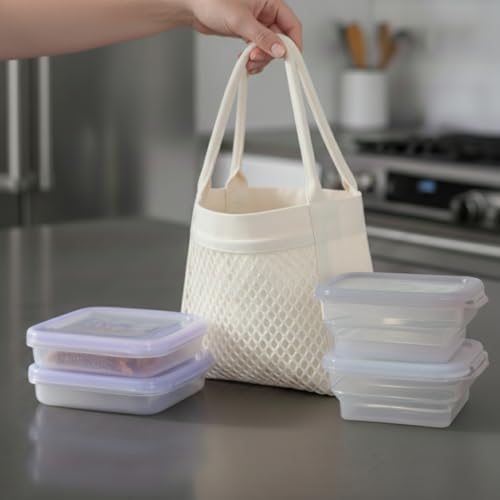 BYOB Collapsible Silicone Food Containers with Attached Lids and Tote Bag – Reusable To-Go & Leftover Containers, Platinum Silicone, Leak-Resistant – 4 Pack (White) by BYOB