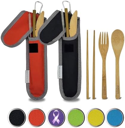Travel Utensils with Case Set Fork, Knife, Spoon, Chopsticks, Straw, Straw-cleaning brush, Travel Pouch and Carabiner, Excellent For Everyday Use! ((2 Sets) Midnight Black/Sunset Red) by Bamboo+Essentials%C2%AE