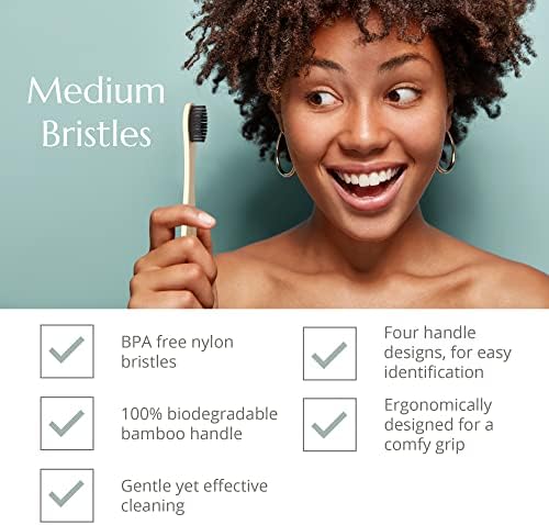 Wild & Stone | Medium Bristle Organic Bamboo Toothbrush | Four Handle Patterns | Medium Fibre Bristles | 100% Biodegradable Handle | Vegan Eco Friendly Bamboo Toothbrushes (Bamboo Green) - Image 2