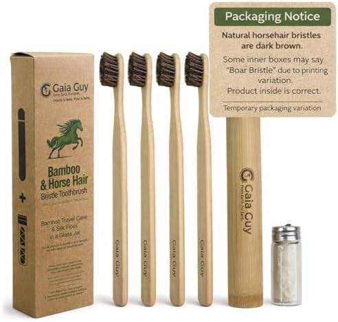 Gaia Guy Bamboo and Horsehair Bristle Toothbrush (4 Pack) + Travel Case & Silk Dental Floss | 100% Compostable Bristles and Floss | Eco-Friendly Dental Set | Biodegradable Wooden Toothbrushes - Image 2
