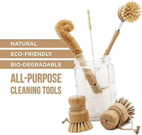 Natural Bamboo Dish Brush Set with Holder - Eco Friendly Wooden Dish Brush - Image 2