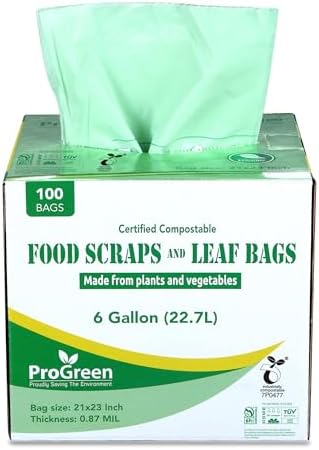Compostable Trash Bags, Extra Thick, Compost Kitchen Bin Bags, Food Scraps Yard Waste Bags, ASTM D6400 BPI and TÜV AUSTRIA Certified (6 Gallon, Pack of 100) by ProGreen