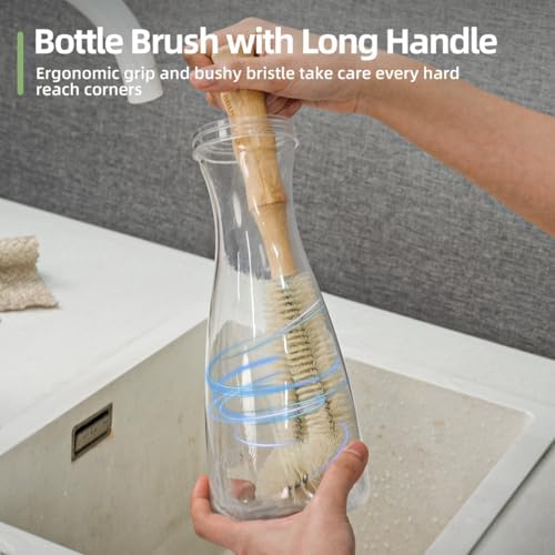 5-Pieces Bamboo Dish Brush Set with Palm Brush, Wooden Handle Dish Scrub Brush, Bottle Scrubber, 2 Loofah Sponge for Dishes, Pans, Bottles, Pots, Vegetables - Image 5