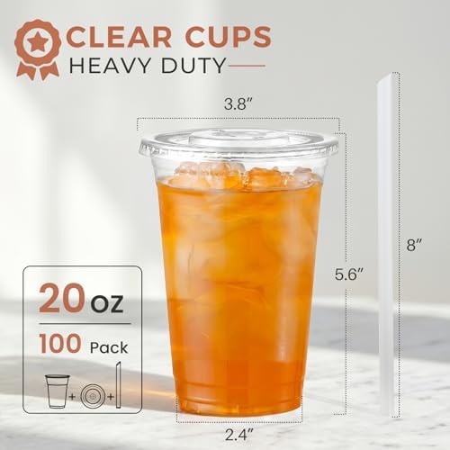 VITEVER [100 Sets - 20oz] Clear Plastic Cups with Lids and Straws, Disposable Cups for Iced Coffee, Smoothie, Milkshake, Cold Drinks - Image 2