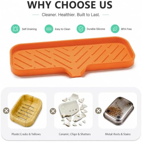 MicoYang Silicone Soap Dish with Drain Spout — Self-Draining Double Sink Organizer Tray for Kitchen & Bathroom, Dispensers, Sponges & Soap Holder, Non-Slip & Dishwasher Safe, Orange (Large, 12"×4") - Image 3