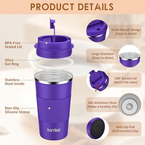 KETIEE 12oz Coffee Mug: Vacuum Insulated Coffee Cup with Leakproof Lid, Travel Coffee Mug Stainless Steel Double Walled Reusable Coffee Cup for Hot and Cold Water Tea (Purple) - Image 5