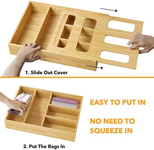 SpaceAid Bag Storage Organizer for Kitchen Drawer, Bamboo Organizer, Compatible with Gallon, Quart, Sandwich and Snack Variety Size Bag (1 Box 5 Slots) - Image 5