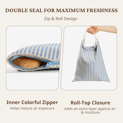 BRONYPRO Reusable Beeswax and Cotton Bread Bags with Zipper, 2-Pack Waxed Bread Bags for Homemade Bread & Sourdough, Sustainable Sourdough Loaf Storage to Lock in Freshness, Large 17x12.6in, Blue - Image 3