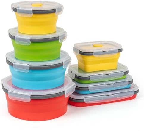 Collapsible Silicone Food Storage Containers Set with Lid & Air Vent, Foldable Lunch Containers, 8 Pack (4 Rectangular + 4 Round Bowls), BPA-Free, Space-Saving by SiliseaDirect