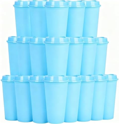 20 Pack Reusable Coffee Cups with Lids 16 oz Plastic Tumblers Travel Mug Iced Coffee Cup for Adults and Women Hot and Cold Drinks, Microwaveable(Light Blue) by Alohastarttg