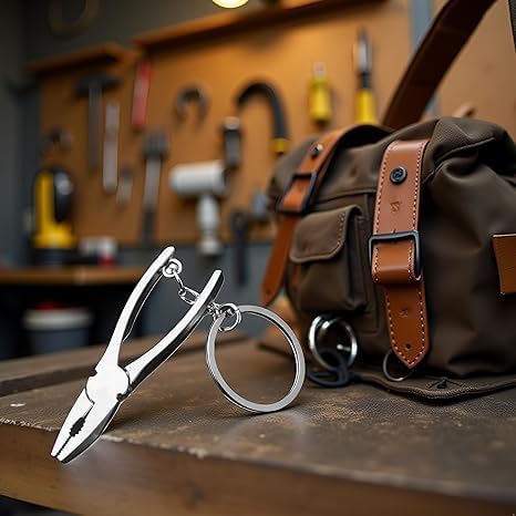 Mini Pliers Keychain Tool, Multitool Keyring Pendant, Wire Strippers, Phillips Screwdriver, Knife, File, Silver, Gift for Men Women