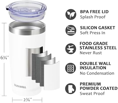 SUNWILL Travel Coffee Tumbler 20 oz, Insulated Mug with Lid, Stainless Steel Cup for Hot and Cold Drinks, Powder Coated White - Image 2