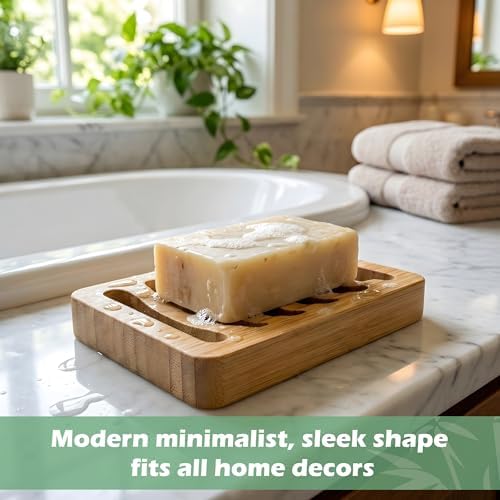Bamboo Soap Dish, Bar Soap Holder Self Draining Soap Dish Natural Bamboo Soap Holder Waterproof Anti-Slip Wooden Soap Dishes for Bar Soap Saver Tray for Shower Bathroom Kitchen Sink Bathtub - Image 6