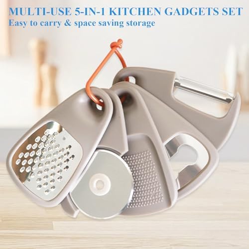 Kitchen Gadgets Set 5 Pieces, Space Saving Cooking Tools Kitchen Accessories-Garlic/Ginger Grinder, Cheese Grater, Vegetable/Fruit Peeler, Pizza Cutter, Bottle Opener, Gadgets Gift Set - Image 3