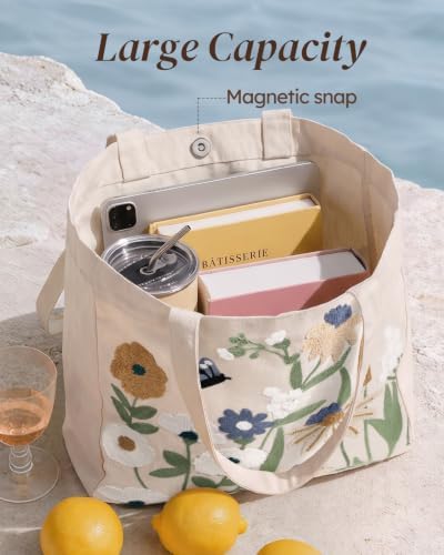 Floral Embroidery Canvas Tote Bag with Magnetic Closure for Daily - Image 5