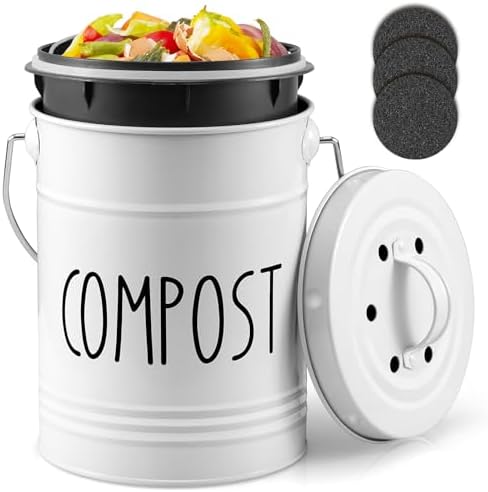 Kitchen Compost Bin, 1 Gallon Countertop Compost Bin with Lid, Indoor Compost Bucket, Includes Inner Bucket Liner and Carbon Filters, White by Unknown