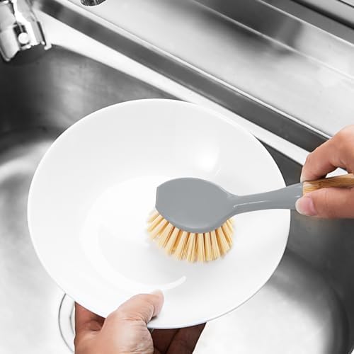 FunCee 2 Pack Kitchen Dish Brushes with Bamboo Handle, Dish Scrubber Built-in Scraper, Scrub Brush for Pans, Pots, Counter & Kitchen Sink Cleaning, Dishwashing and Cleaning Brush Tools, White - Image 3