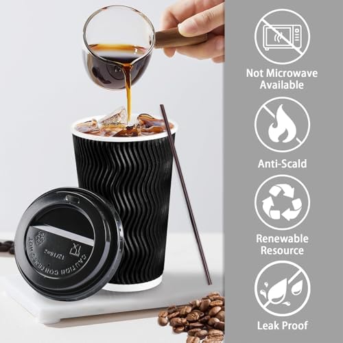 Lamosi 16 oz Disposable Coffee Cups with Lids, 100 Pack Insulated Hot Cups To Go Paper Coffee Cups with Lids and Straws, Corrugated Ripple Wall Cup for Hot Drink, Office, Coffee Bar (Black) - Image 3