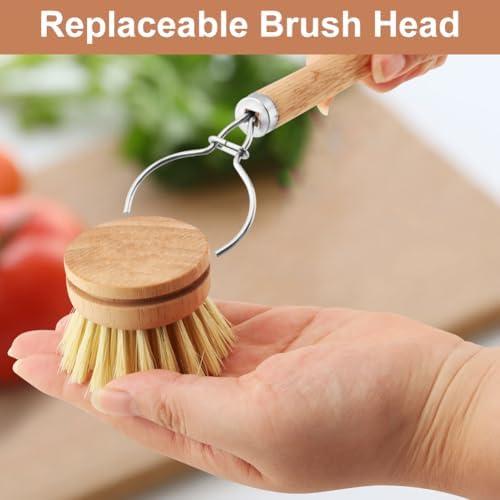 Bamboo Dish Brush with Handle - 3 Replacement Heads, Soft Bristles Kitchen Brush, Bamboo Dish Scrubber for Dishes Vegetable, Pots and Pans, Kitchen Utensils(Color:Wood) - Image 5
