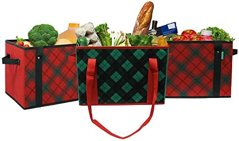 Earthwise Eco-Friendly Reusable Box Tote in Holiday Plaid, Collapsible Grocery Bag with Reinforced Structure – Foldable Shopping Tote for Groceries & Everyday Use (3-pack) - Image 2