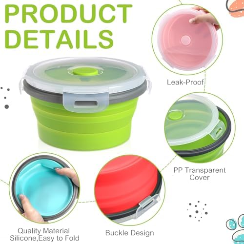 Suclain 4 Pcs Collapsible Bowls with Lids Silicone Camping Food Storage Container Expandable Folding Salad Lunch Box Travel Container for Hiking Camping - Image 3