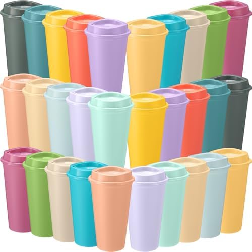 Honeydak 30 Pack 16 oz Reusable Coffee Cups with Lids Water Bottle Iced Coffee Travel Mug Portable Plastic Tea Tumblers Bulk for Hot and Cold Drinks Birthdays Party (Macaron Color,Classic) by Honeydak