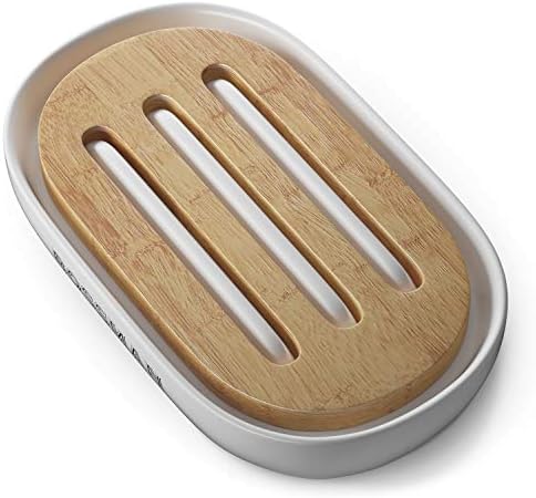 Bossman Natural Bamboo Bathroom Soap Dish w/ Premium Ceramic Base - White by Bossman