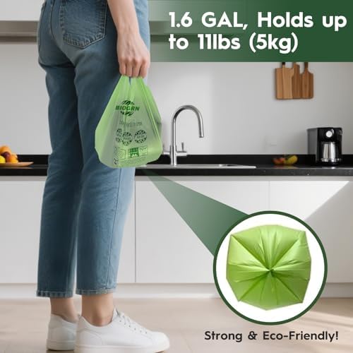 Compostable Trash Bags 1.2-1.6 Gallon Handle Tie 50 Count 0.6 Mil 6.06 Liter Small Compost Bags for Countertop Bin Biodegradable Bags Green for Kitchen ASTM D6400 & BPI Certified, OK Compost Home - Image 3