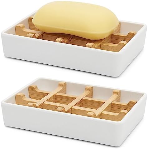 Bamboo Soap Dishes for Shower Wooden Soap Bar Holder for Bathroom Soap Tray Easy to Clean, Durable and with Non-Slip Pads(Two White Squares) by Maqqet