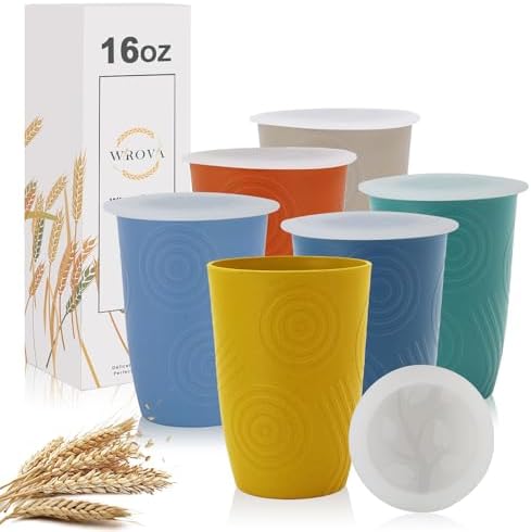 Wrova Wheat Straw Cups with Silicone Covers 16oz Set of 6 - Alternative Plastic Cups Microwave & Dishwasher Safe - Plastic Drinking Cups Unbreakable for Kids by WROVA