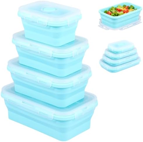 4Pcs Collapsible Silicone Food Container with Lid Heat Resistant Foldable Food Storage Containers Microwave Dishwasher and Freezer Safe 350/500/800/1200 ml for Kitchen Picnic Travel(Sky Blue) by Muyoka