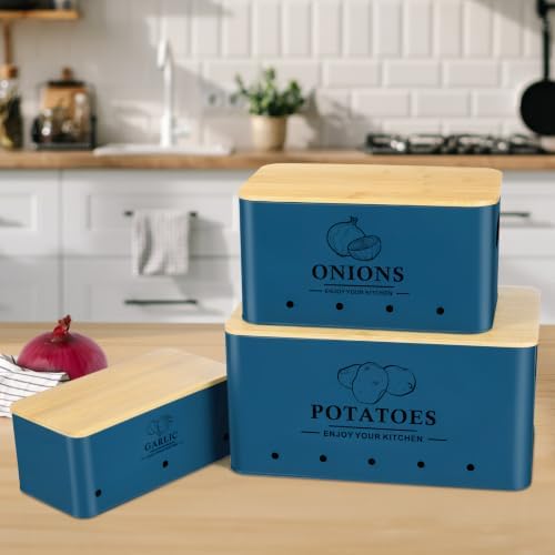 Kitchen Vegetable Storage Set of 3, Metal Onion Garlic Potato Storage Set, Kitchen Canisters Vegetable Keeper Containers with Aerating Holes and Bamboo Lid,Dark Blue - Image 2