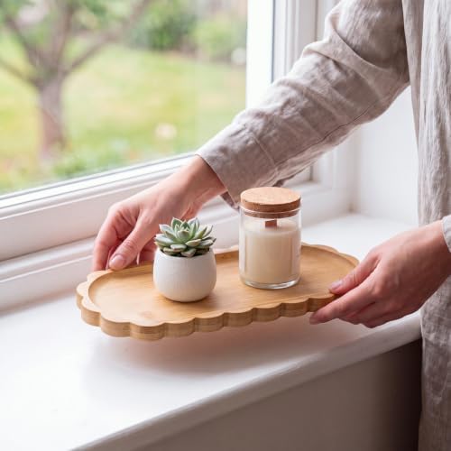 Scalloped Bamboo Soap Dispenser Tray Bathroom Rustic Decor Bamboo Countertop Tray Scalloped Soap Dish Jewelry Holder Vanity Bathtub Organizer for Bathroom Kitchen Home Decor (9'',Oval) - Image 3